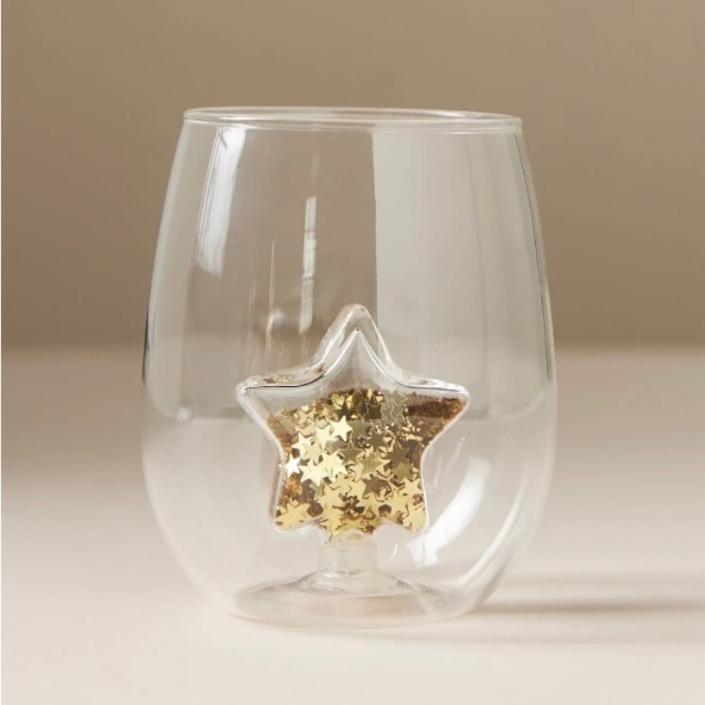 Anthropologie Gold Star Yuletide Stemless Wine Glass